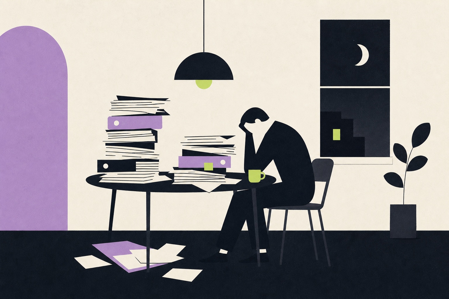 Illustration: en styrelseledamot sitter en sen kväll bakom höga högar av papper och pärmar