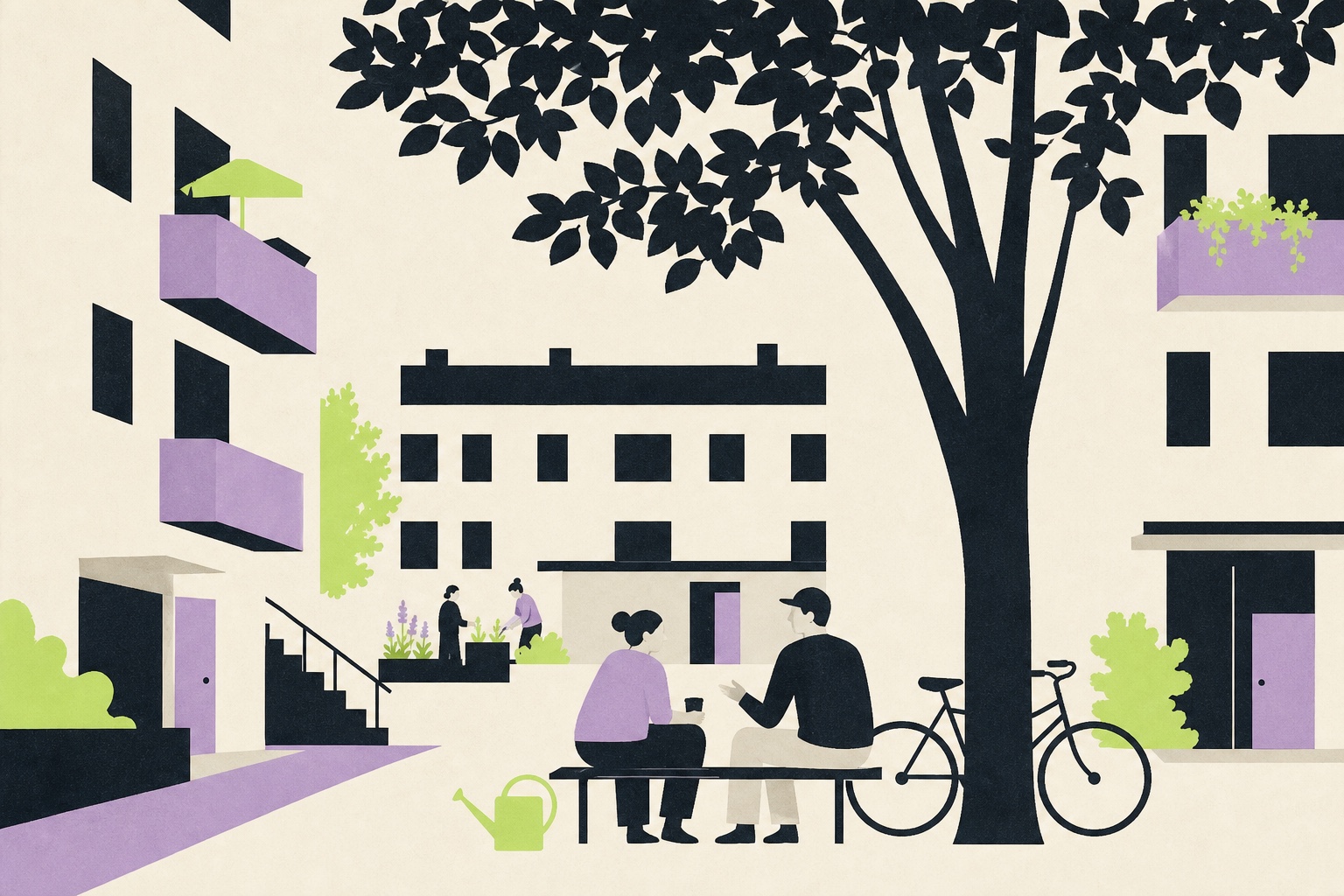 Illustration av en levande innergård där grannar sitter på en bänk under ett träd