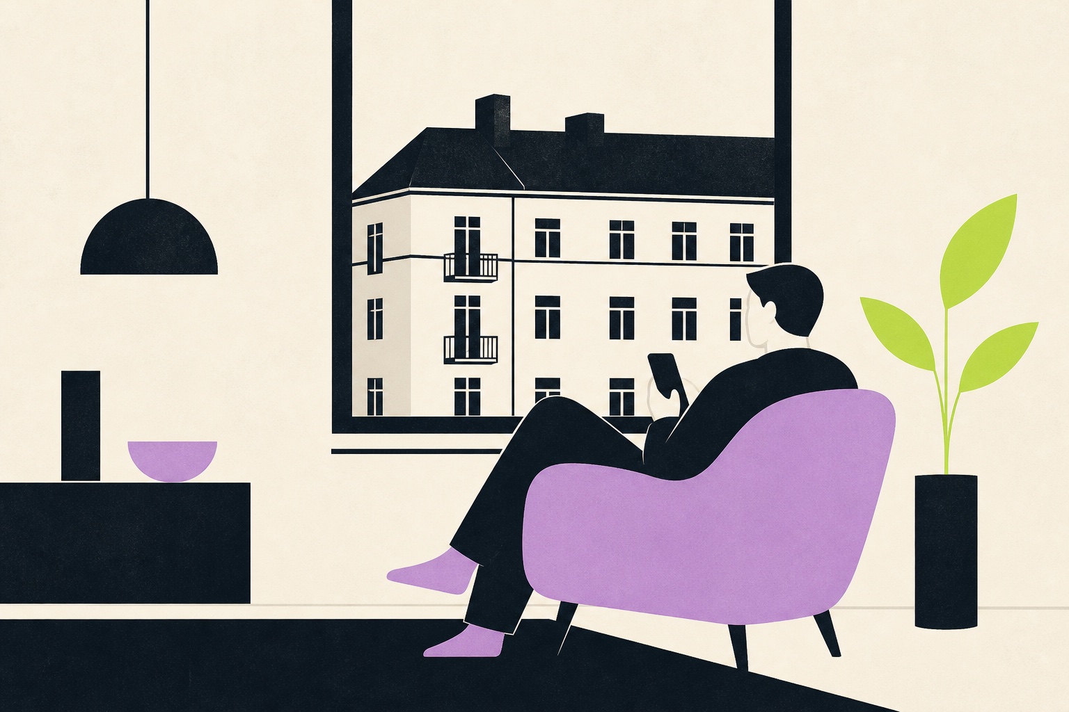 Illustration: en boende sitter hemma i fåtöljen med mobilen, med föreningens hus utanför fönstret