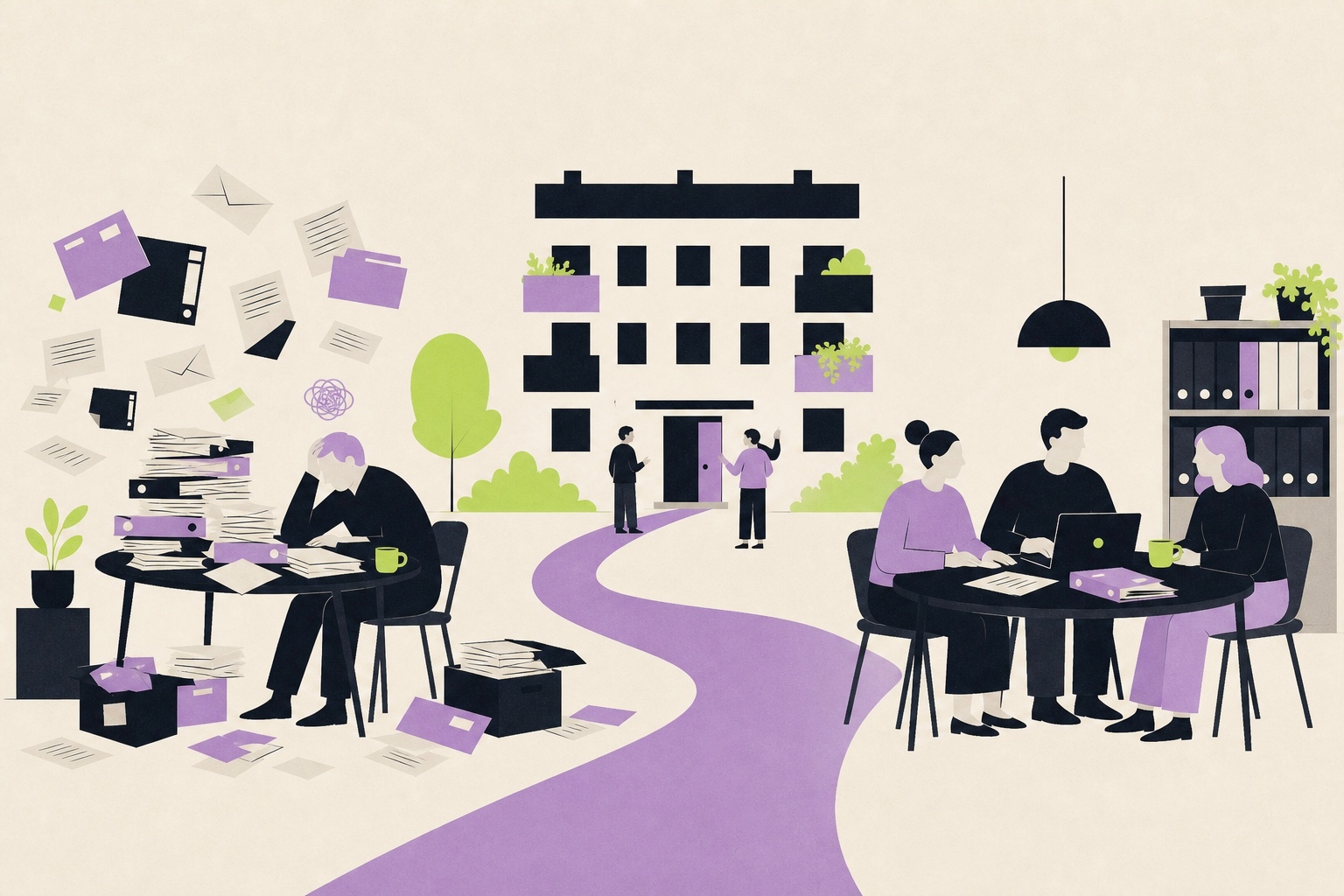Illustration av hur föreningsarbete går från utspridda papper och pärmar till ett lugnt, gemensamt arbetssätt som nästa styrelse kan ta över