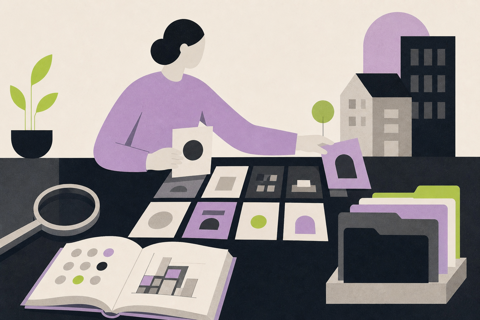 Illustration: en person ordnar föreningsbegrepp, dokument och fastighetsinformation