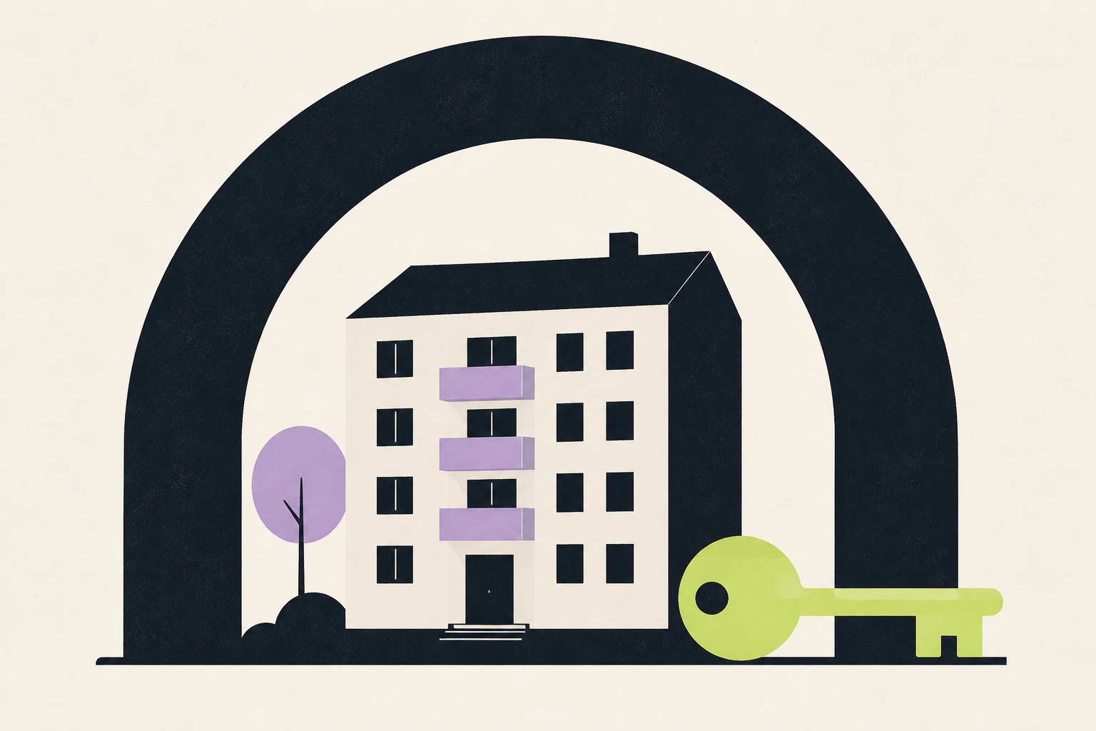 Illustration: ett flerbostadshus skyddat under en stor valvbåge, med en nyckel bredvid