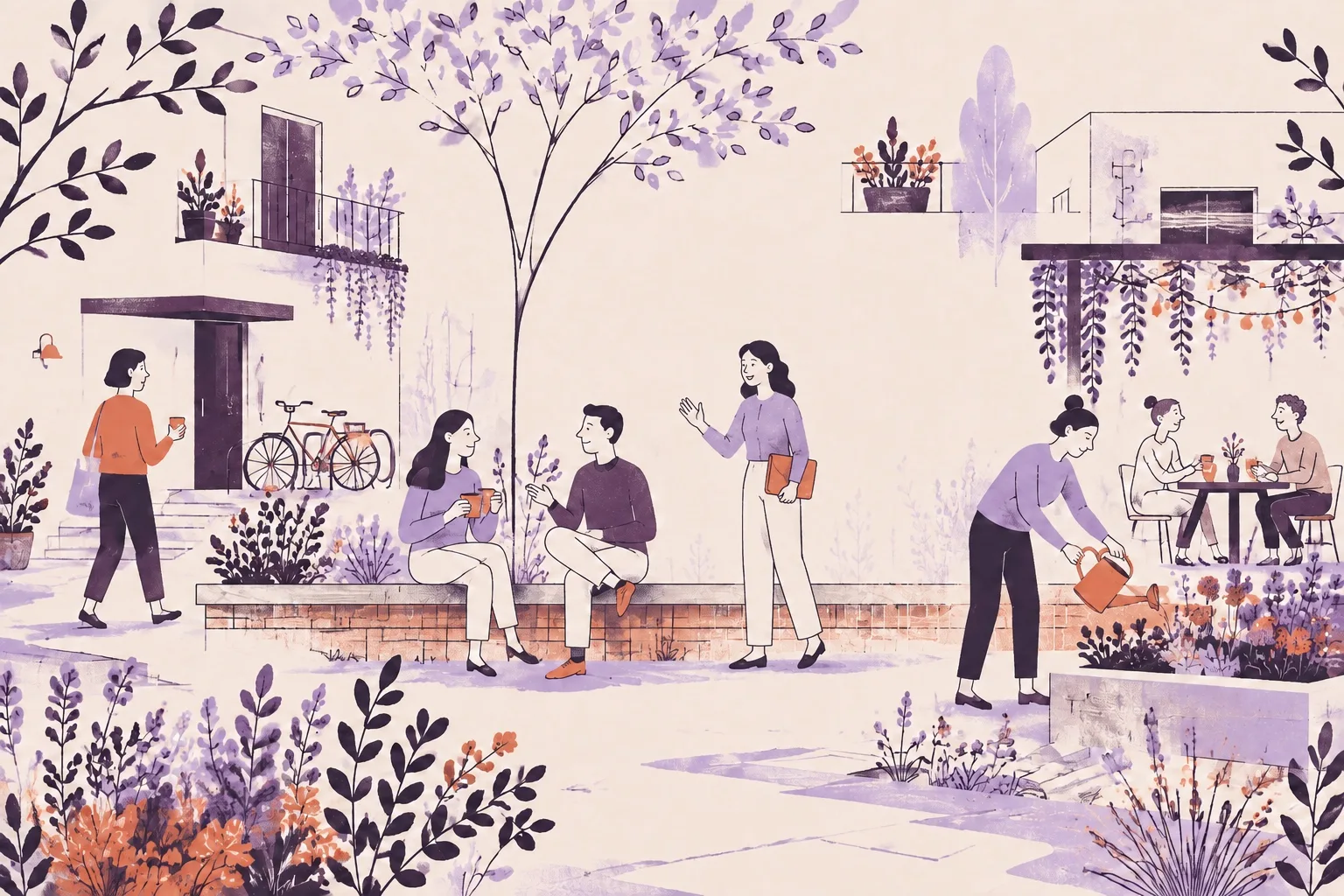 Illustration av en levande innergård där grannar sitter på en bänk under ett träd