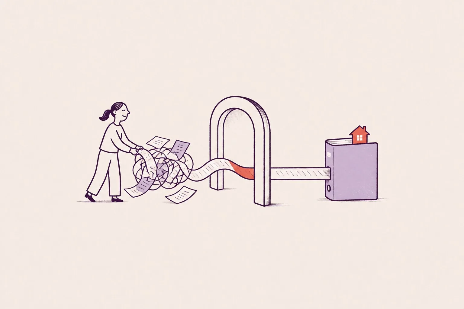 Illustration av hur föreningsarbete går från utspridda papper och pärmar till ett lugnt, gemensamt arbetssätt som nästa styrelse kan ta över